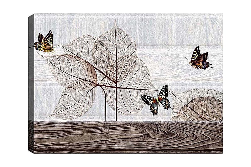 Lærred 70x100 cm - Stiliseret komposition af sommerfugle, der svæver over gennemskinnelige blade på en træoverflade, Beige / Brun / Sort