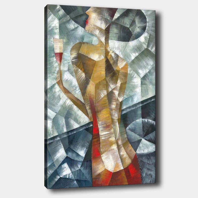Lærred 70x100 cm - Stiliseret kvinde, der holder et glas, omgivet af geometriske former og farver, Rød / Beige / Grå