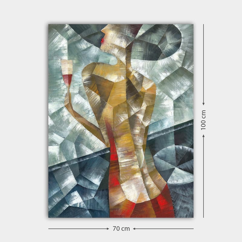 Lærred 70x100 cm - Stiliseret kvinde, der holder et glas, omgivet af geometriske former og farver - Rød / Beige / Grå - Boligtilbehør - Billeder & kunst - Billeder på lærred