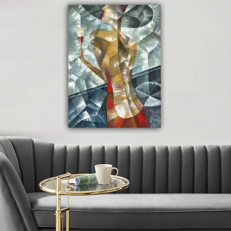 Lærred 70x100 cm - Stiliseret kvinde, der holder et glas, omgivet af geometriske former og farver - Rød / Beige / Grå - Boligtilbehør - Billeder & kunst - Billeder på lærred