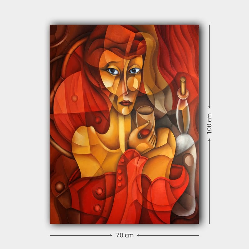 Lærred 70x100 cm - Stiliseret kvinde, der holder et glas, omgivet af varme røde og orange toner - Rød / Orange / Beige - Boligtilbehør - Billeder & kunst - Billeder på lærred