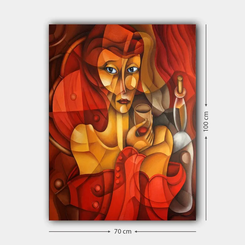 Lærred 70x100 cm - Stiliseret kvinde, der holder et glas, omgivet af varme røde og orange toner - Rød / Orange / Beige - Boligtilbehør - Billeder & kunst - Billeder på lærred