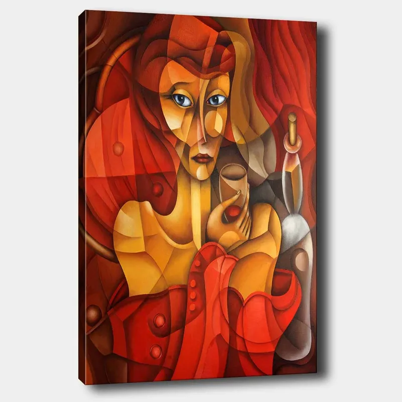 Lærred 70x100 cm - Stiliseret kvinde, der holder et glas, omgivet af varme røde og orange toner, Rød / Orange / Beige