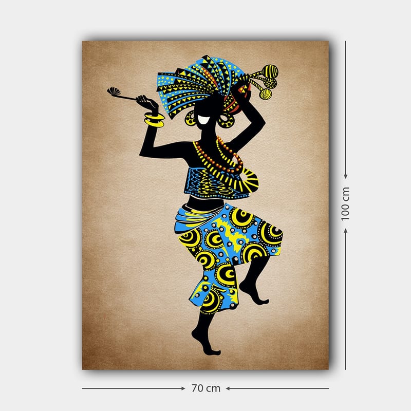 Lærred 70x100 cm - Stiliseret kvinde dansende med farverig hovedbeklædning og tøj, bærende en kurv - Blå / Sort / Gul - Boligtilbehør - Billeder & kunst - Billeder på lærred