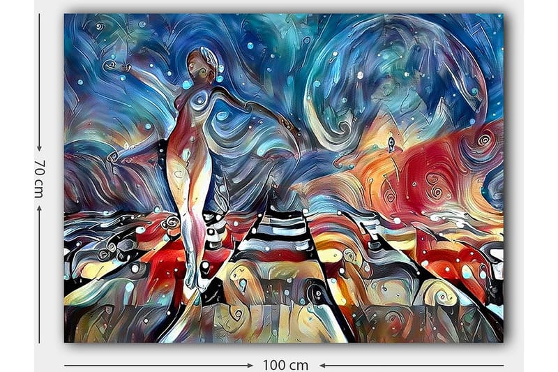 Lærred 70x100 cm - Stiliseret kvinde danser på en farverig vej med svajende former og mønstre - Blå / Rød / Hvid - Boligtilbehør - Billeder & kunst - Billeder på lærred