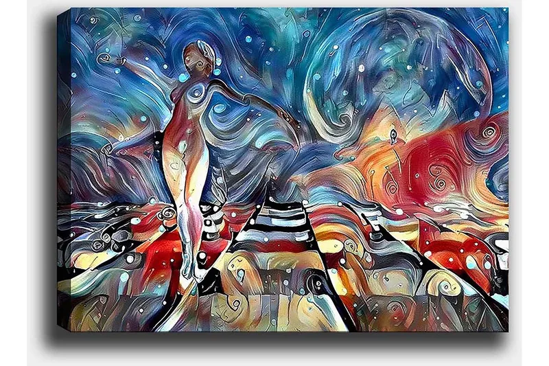 Lærred 70x100 cm - Stiliseret kvinde danser på en farverig vej med svajende former og mønstre - Blå / Rød / Hvid - Boligtilbehør - Billeder & kunst - Billeder på lærred