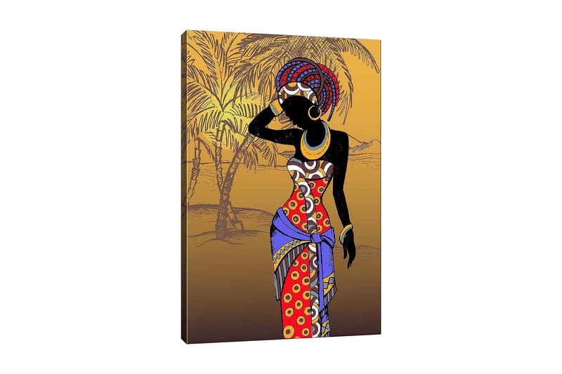 Lærred 70x100 cm - Stiliseret kvinde i farverigt tøj poserer med en hånd for ansigtet, Rød / Blå / Sort