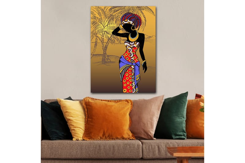 Lærred 70x100 cm - Stiliseret kvinde i farverigt tøj poserer med en hånd for ansigtet - Rød / Blå / Sort - Boligtilbehør - Billeder & kunst - Billeder på lærred