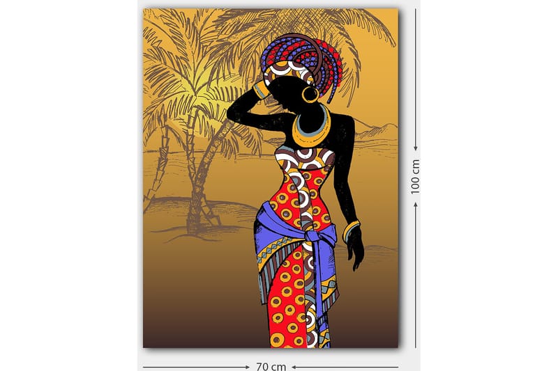 Lærred 70x100 cm - Stiliseret kvinde i farverigt tøj poserer med en hånd for ansigtet - Rød / Blå / Sort - Boligtilbehør - Billeder & kunst - Billeder på lærred