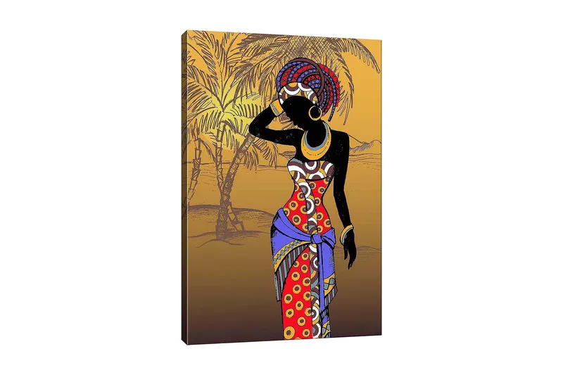 Lærred 70x100 cm - Stiliseret kvinde i farverigt tøj poserer med en hånd for ansigtet, Rød / Blå / Sort