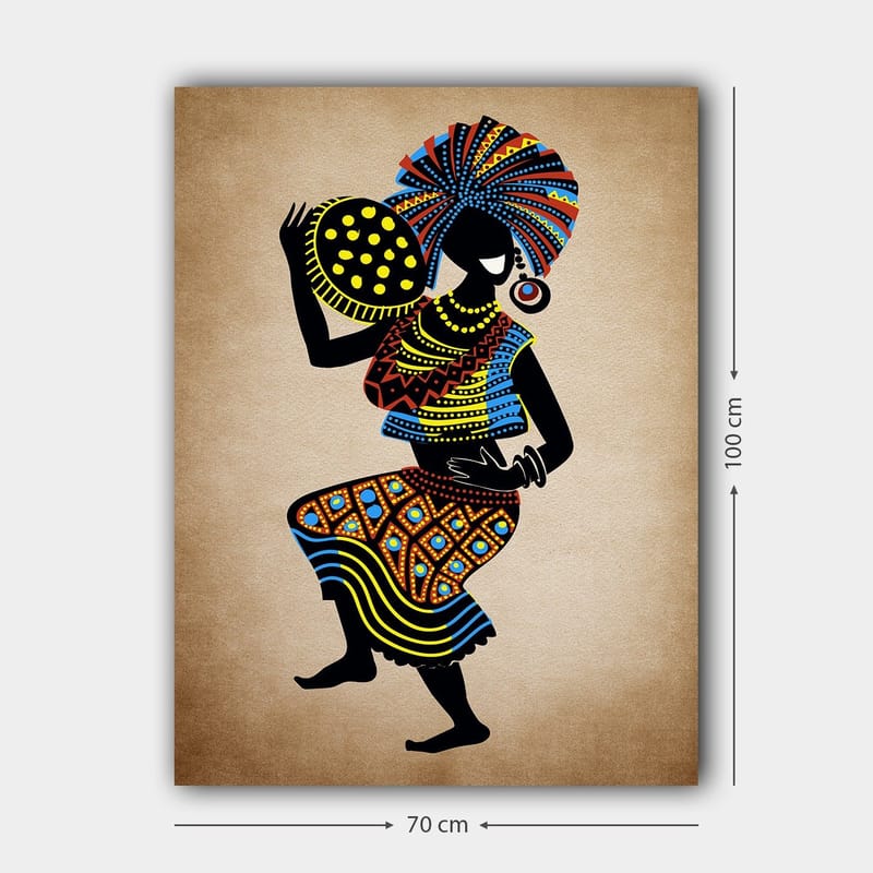 Lærred 70x100 cm - Stiliseret kvinde i traditionel dragt med stor hovedbeklædning og en skål med prikker - Sort / Blå / Orange - Boligtilbehør - Billeder & kunst - Billeder på lærred
