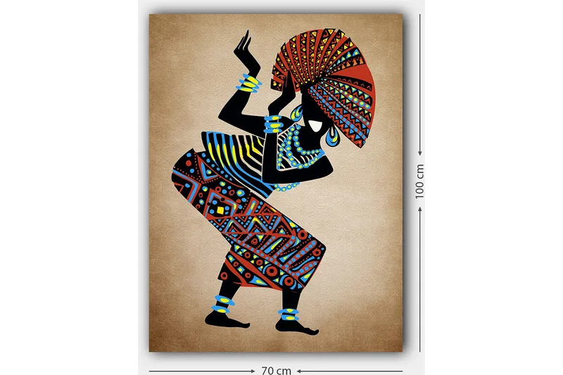 Lærred 70x100 cm - Stiliseret kvinde i traditionelt tøj, der danser med en stor hat - Rød / Blå / Sort - Boligtilbehør - Billeder & kunst - Billeder på lærred