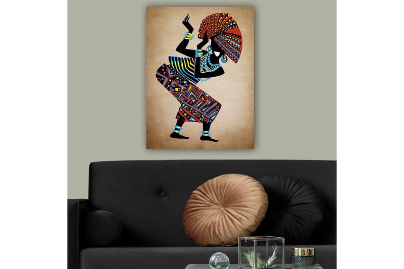Lærred 70x100 cm - Stiliseret kvinde i traditionelt tøj, der danser med en stor hat - Rød / Blå / Sort - Boligtilbehør - Billeder & kunst - Billeder på lærred