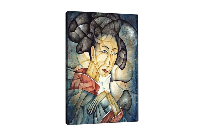 Lærred 70x100 cm - Stiliseret kvinde i traditionelt tøj og en tankevækkende positur, Mørkeblå / Beige / Rød