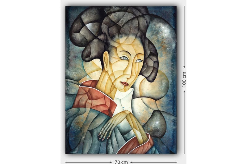 Lærred 70x100 cm - Stiliseret kvinde i traditionelt tøj og en tankevækkende positur - Mørkeblå / Beige / Rød - Boligtilbehør - Billeder & kunst - Billeder på lærred