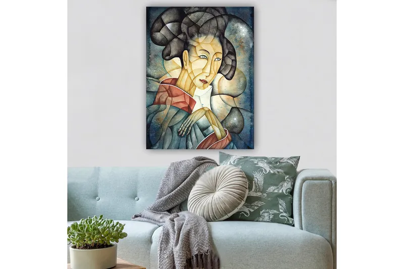 Lærred 70x100 cm - Stiliseret kvinde i traditionelt tøj og en tankevækkende positur - Mørkeblå / Beige / Rød - Boligtilbehør - Billeder & kunst - Billeder på lærred