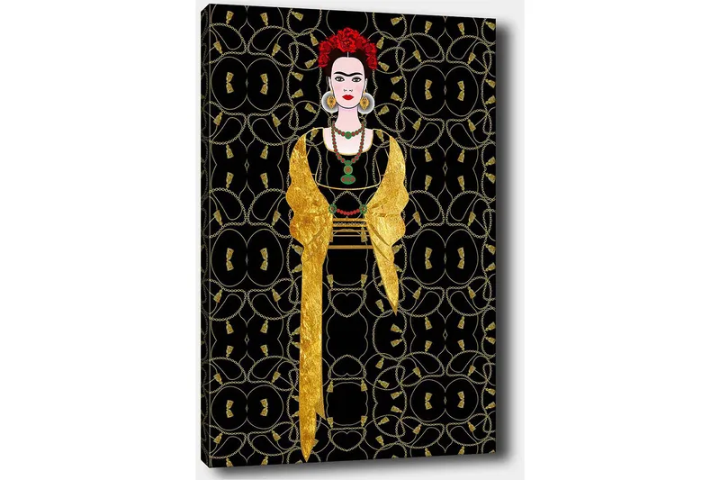 Lærred 70x100 cm - Stiliseret kvinde klædt i sort og guld med rød blomst i håret - Sort / Guld / Rød - Boligtilbehør - Billeder & kunst - Billeder på lærred