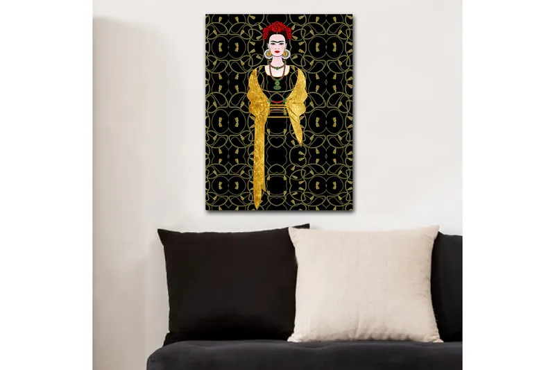 Lærred 70x100 cm - Stiliseret kvinde klædt i sort og guld med rød blomst i håret, Sort / Guld / Rød