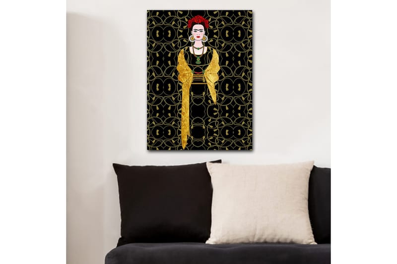 Lærred 70x100 cm - Stiliseret kvinde klædt i sort og guld med rød blomst i håret, Sort / Guld / Rød