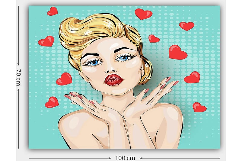 Lærred 70x100 cm - Stiliseret kvinde med blond hår og røde læber, der giver et kys med hjerter omkring sig - Lyseblå / Rød / Beige - Boligtilbehør - Billeder & kunst - Billeder på lærred