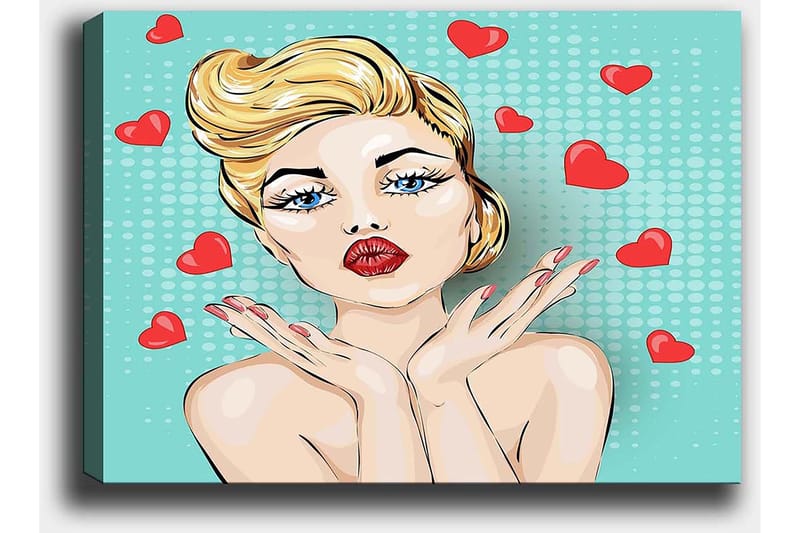 Lærred 70x100 cm - Stiliseret kvinde med blond hår og røde læber, der giver et kys med hjerter omkring sig - Lyseblå / Rød / Beige - Boligtilbehør - Billeder & kunst - Billeder på lærred