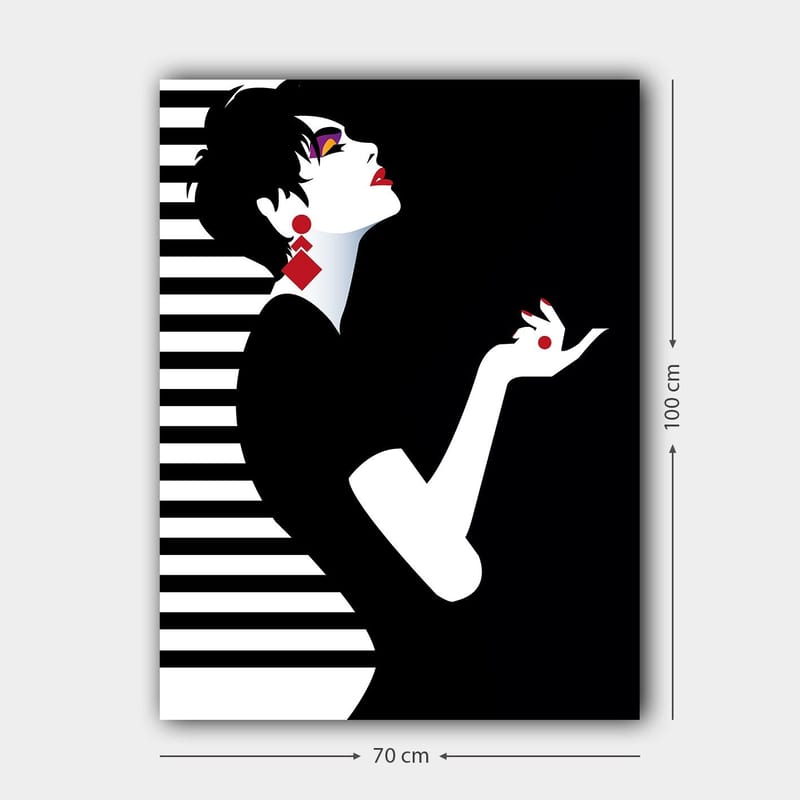 Lærred 70x100 cm - Stiliseret kvinde med elegant kropsholdning og dramatiske smykker - Sort / Hvid / Rød - Boligtilbehør - Billeder & kunst - Billeder på lærred