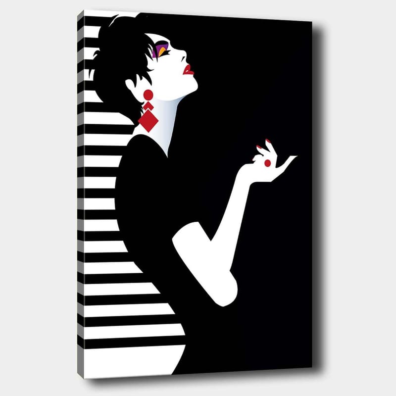 Lærred 70x100 cm - Stiliseret kvinde med elegant kropsholdning og dramatiske smykker, Sort / Hvid / Rød