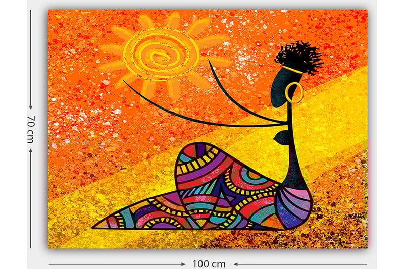 Lærred 70x100 cm - Stiliseret kvinde med en sol i hånden, omgivet af farverige mønstre - Orange / Sort / Lilla - Boligtilbehør - Billeder & kunst - Billeder på lærred