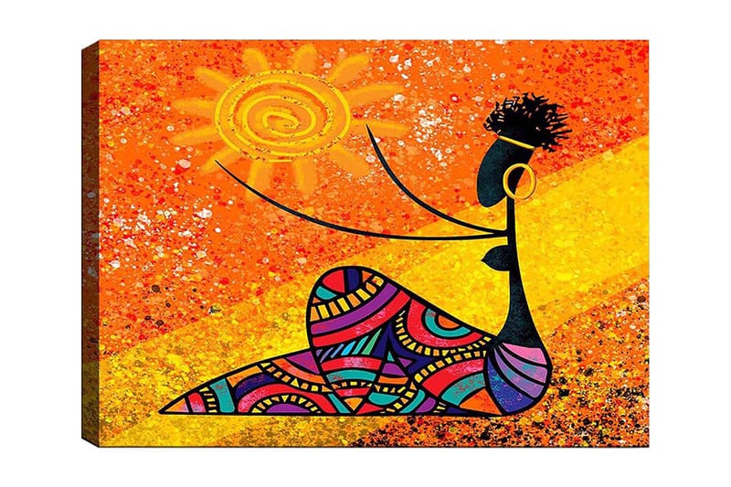 Lærred 70x100 cm - Stiliseret kvinde med en sol i hånden, omgivet af farverige mønstre, Orange / Sort / Lilla