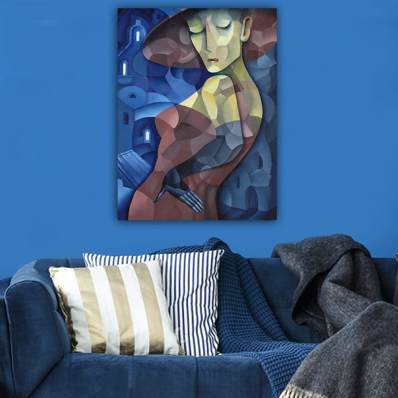 Lærred 70x100 cm - Stiliseret kvinde med en stor hat, der fremhæver hendes elegante silhuet - Mørkeblå / Rød / Grøn - Boligtilbehør - Billeder & kunst - Billeder på lærred