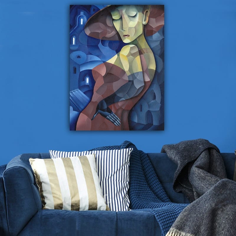 Lærred 70x100 cm - Stiliseret kvinde med en stor hat, der fremhæver hendes elegante silhuet - Mørkeblå / Rød / Grøn - Boligtilbehør - Billeder & kunst - Billeder på lærred