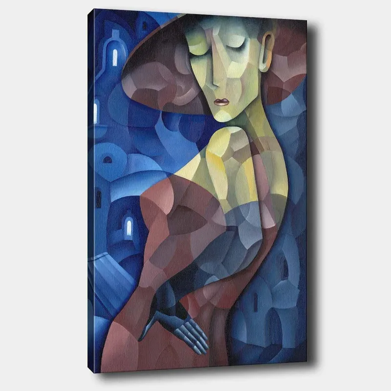 Lærred 70x100 cm - Stiliseret kvinde med en stor hat, der fremhæver hendes elegante silhuet, Mørkeblå / Rød / Grøn