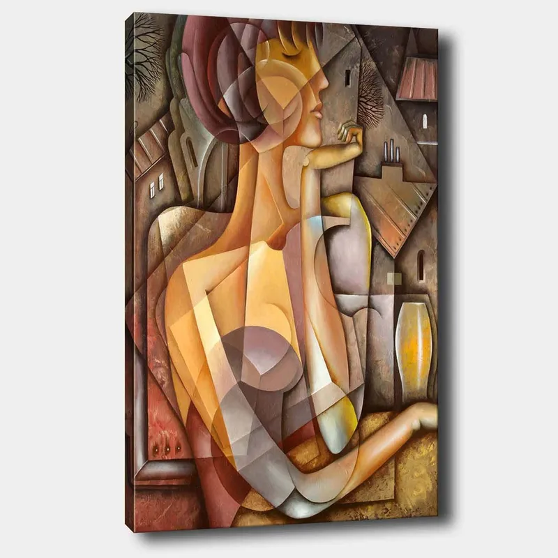 Lærred 70x100 cm - Stiliseret kvinde med et blødt og harmonisk udseende i en abstrakt komposition, Beige / Brun / Terrakotta