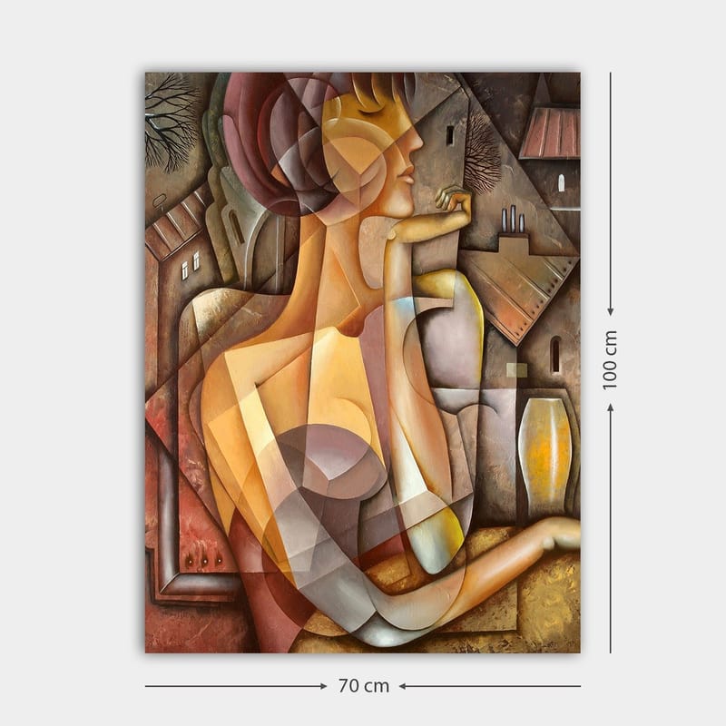 Lærred 70x100 cm - Stiliseret kvinde med et blødt og harmonisk udseende i en abstrakt komposition - Beige / Brun / Terrakotta - Boligtilbehør - Billeder & kunst - Billeder på lærred