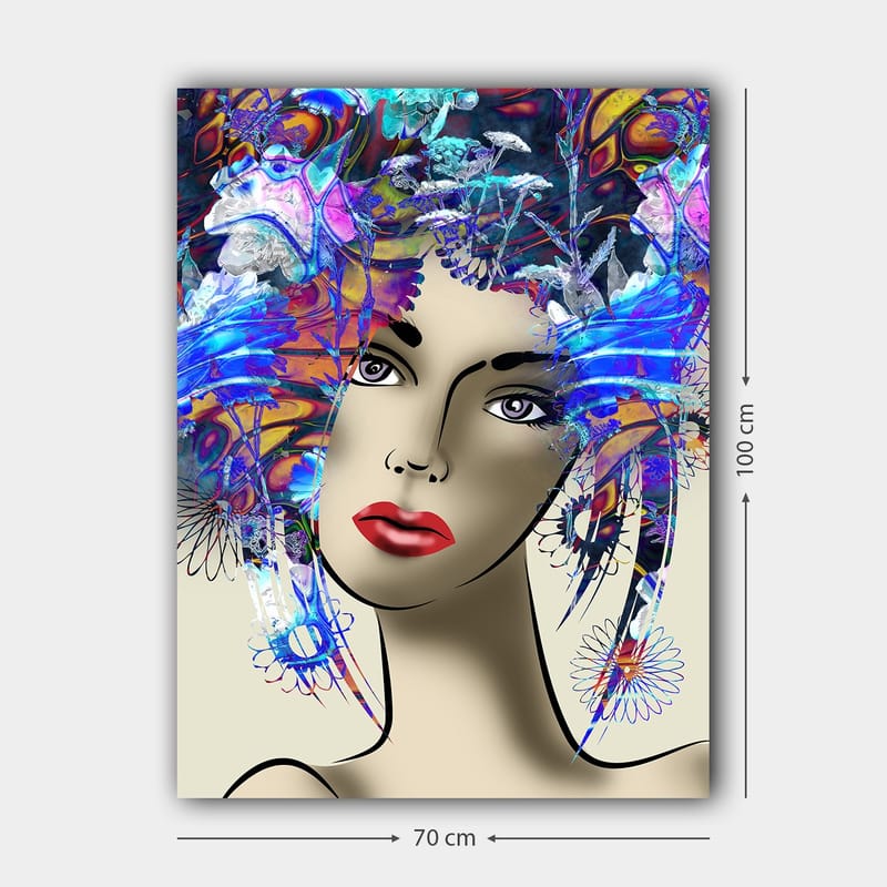 Lærred 70x100 cm - Stiliseret kvinde med farverig blomsterkrans i håret - Blå / Rød / Lilla - Boligtilbehør - Billeder & kunst - Billeder på lærred