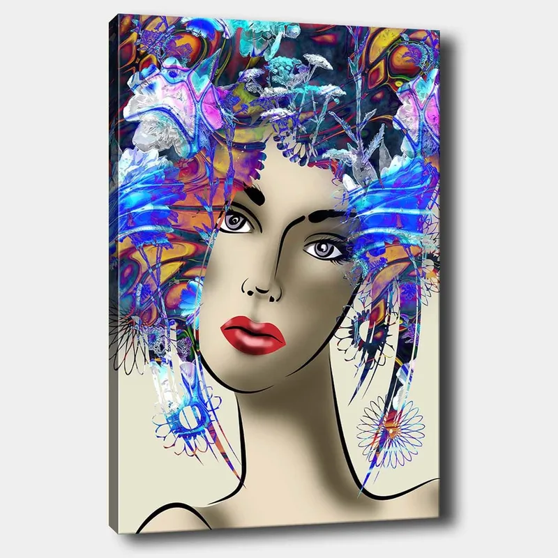 Lærred 70x100 cm - Stiliseret kvinde med farverig blomsterkrans i håret, Blå / Rød / Lilla