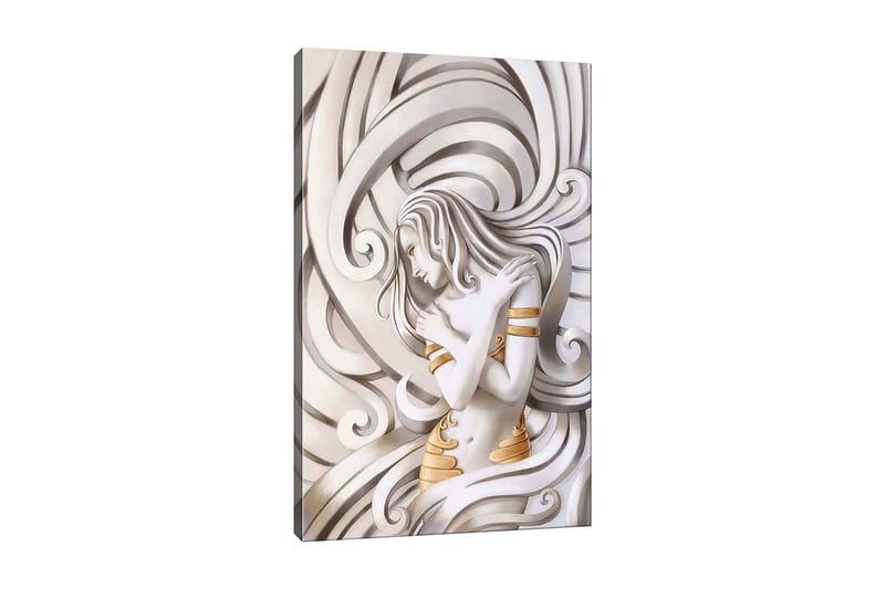 Lærred 70x100 cm - Stiliseret kvinde med flagrende hår, der omfavner sig selv i en abstrakt komposition, Hvid / Guld / Grå