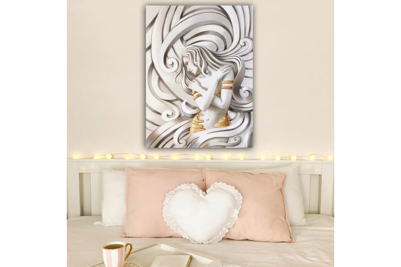 Lærred 70x100 cm - Stiliseret kvinde med flagrende hår, der omfavner sig selv i en abstrakt komposition - Hvid / Guld / Grå - Boligtilbehør - Billeder & kunst - Billeder på lærred