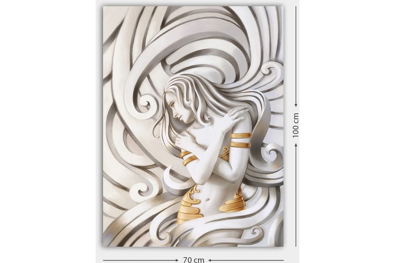Lærred 70x100 cm - Stiliseret kvinde med flagrende hår, der omfavner sig selv i en abstrakt komposition - Hvid / Guld / Grå - Boligtilbehør - Billeder & kunst - Billeder på lærred