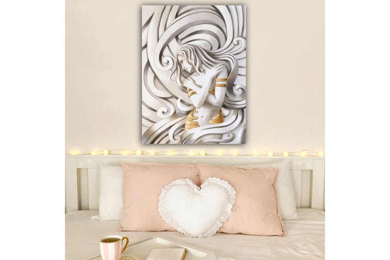 Lærred 70x100 cm - Stiliseret kvinde med flagrende hår, der omfavner sig selv i en abstrakt komposition - Hvid / Guld / Grå - Boligtilbehør - Billeder & kunst - Billeder på lærred
