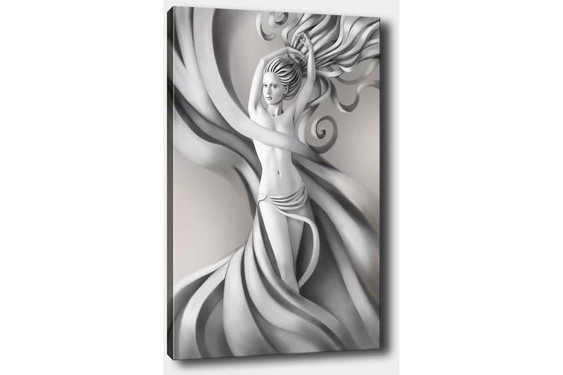 Lærred 70x100 cm - Stiliseret kvinde med flagrende hår og tøj i gråtoner, der udtrykker bevægelse og elegance - Grå / Sort / Hvid - Boligtilbehør - Billeder & kunst - Billeder på lærred