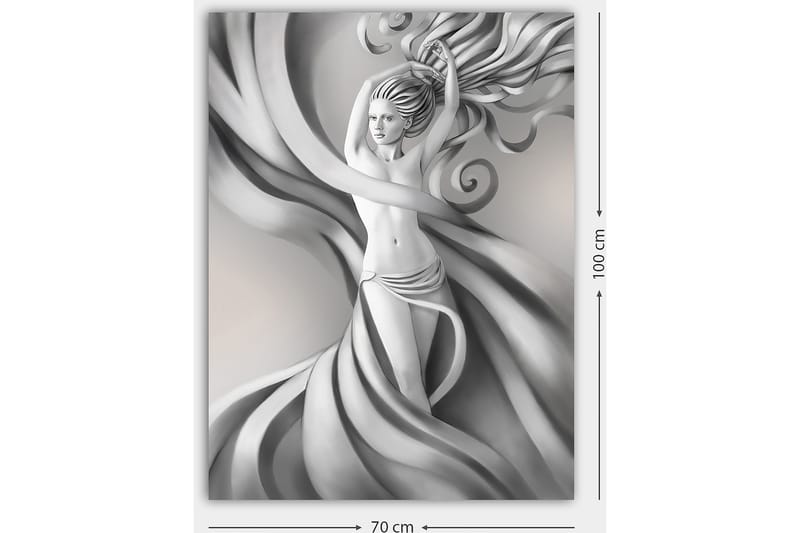 Lærred 70x100 cm - Stiliseret kvinde med flagrende hår og tøj i gråtoner, der udtrykker bevægelse og elegance - Grå / Sort / Hvid - Boligtilbehør - Billeder & kunst - Billeder på lærred
