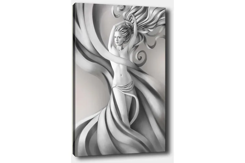 Lærred 70x100 cm - Stiliseret kvinde med flagrende hår og tøj i gråtoner, der udtrykker bevægelse og elegance - Grå / Sort / Hvid - Boligtilbehør - Billeder & kunst - Billeder på lærred