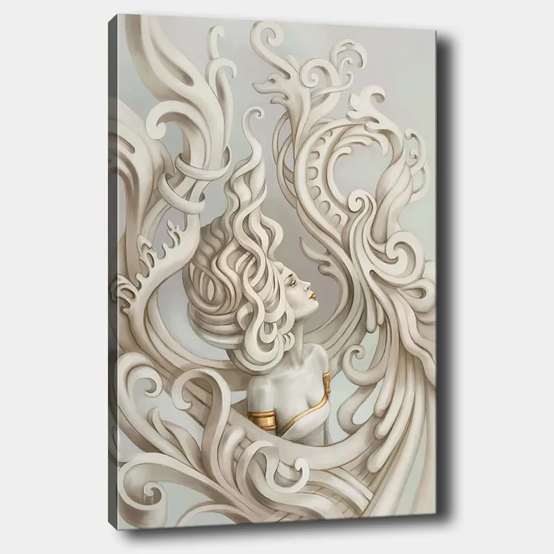 Lærred 70x100 cm - Stiliseret kvinde med flagrende hår omgivet af dekorative kurver og former, Lysegrå / Beige / Hvid