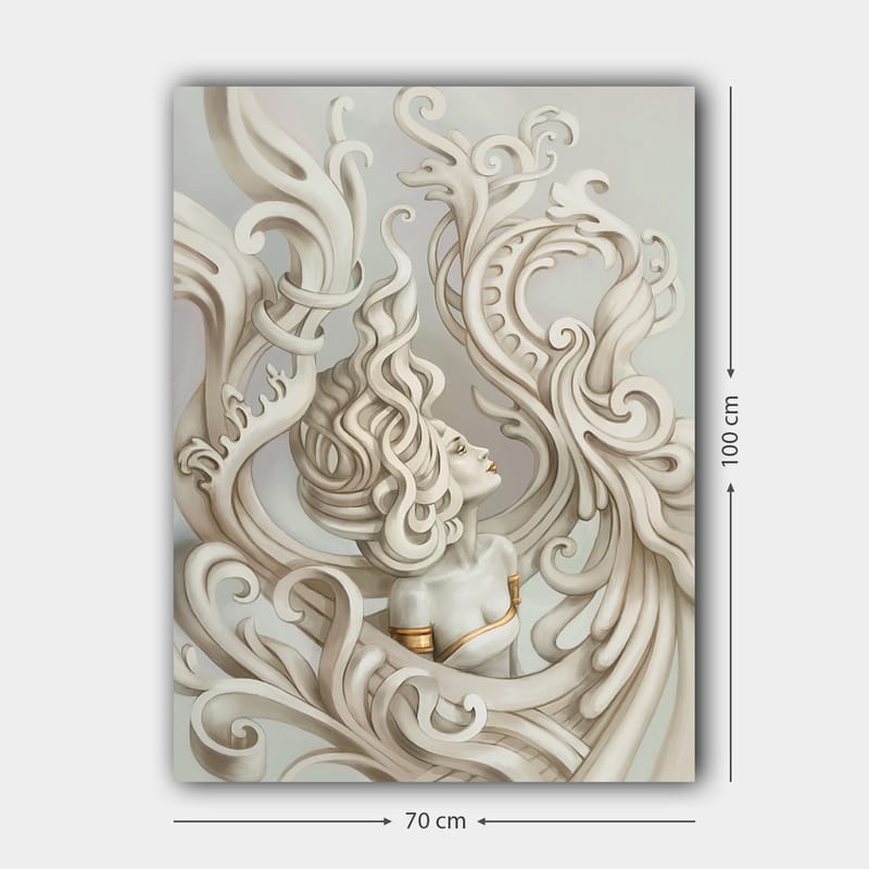 Lærred 70x100 cm - Stiliseret kvinde med flagrende hår omgivet af dekorative kurver og former - Lysegrå / Beige / Hvid - Boligtilbehør - Billeder & kunst - Billeder på lærred