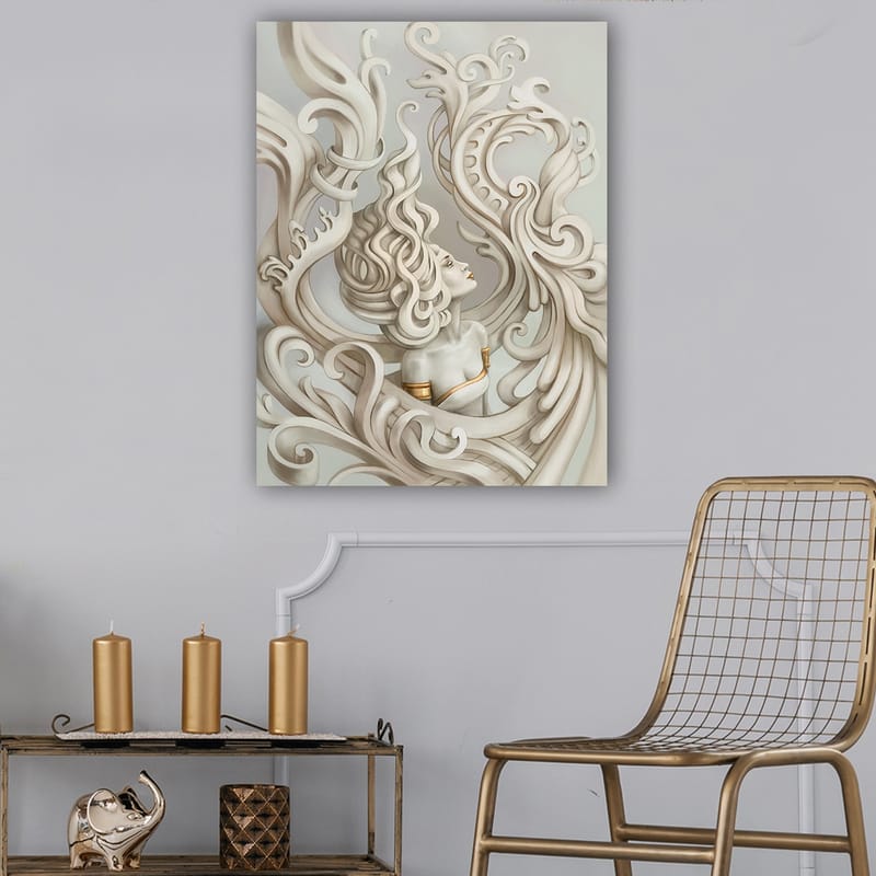 Lærred 70x100 cm - Stiliseret kvinde med flagrende hår omgivet af dekorative kurver og former - Lysegrå / Beige / Hvid - Boligtilbehør - Billeder & kunst - Billeder på lærred