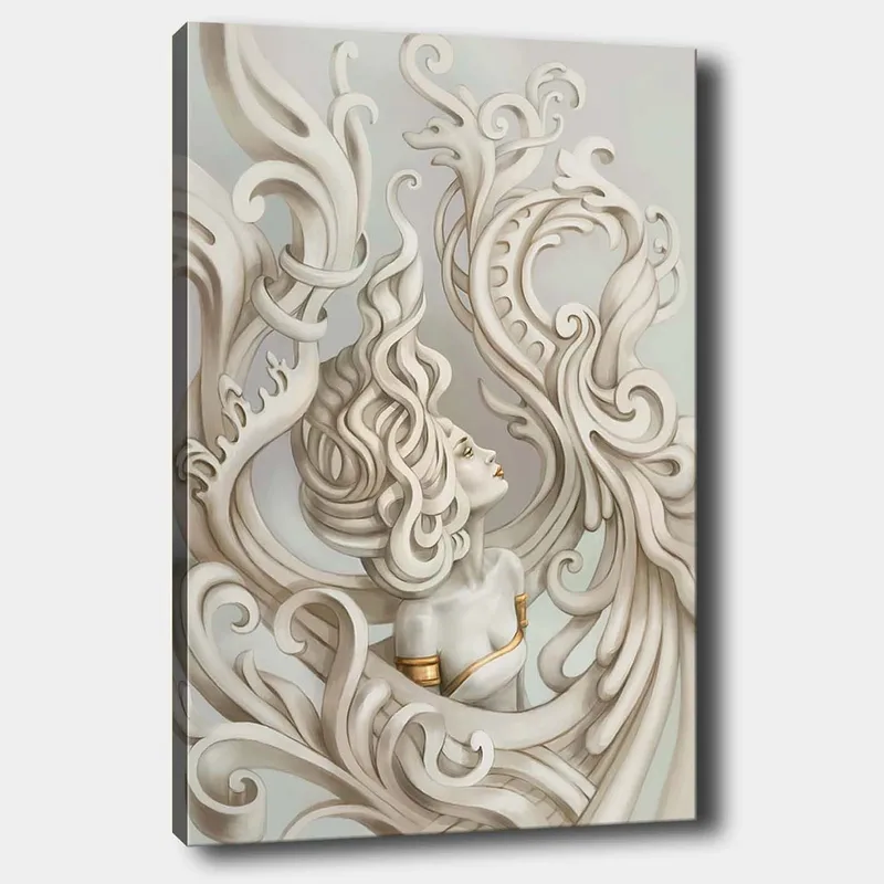 Lærred 70x100 cm - Stiliseret kvinde med flagrende hår omgivet af dekorative kurver og former, Lysegrå / Beige / Hvid