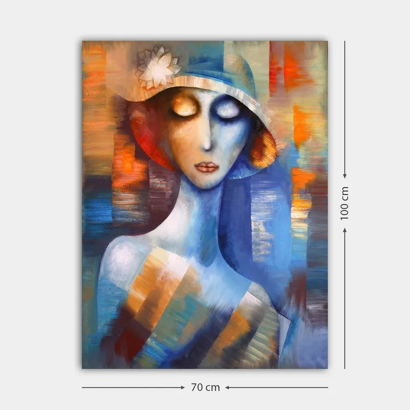 Lærred 70x100 cm - Stiliseret kvinde med hat, der udstråler en drømmende og følelsesladet atmosfære - Blå / Orange / Hvid - Boligtilbehør - Billeder & kunst - Billeder på lærred