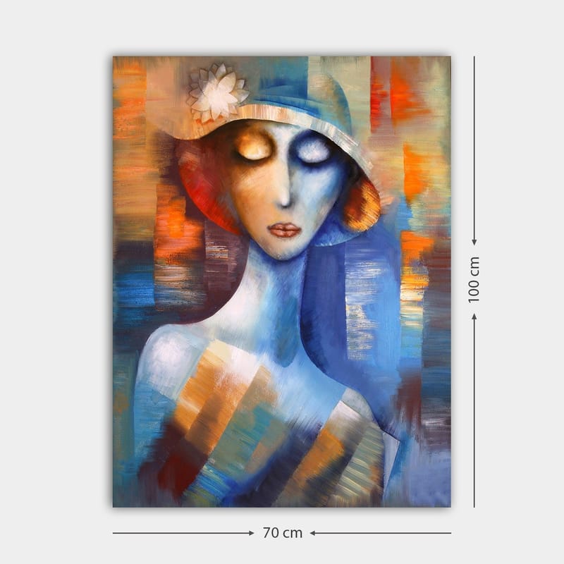 Lærred 70x100 cm - Stiliseret kvinde med hat, der udstråler en drømmende og følelsesladet atmosfære - Blå / Orange / Hvid - Boligtilbehør - Billeder & kunst - Billeder på lærred