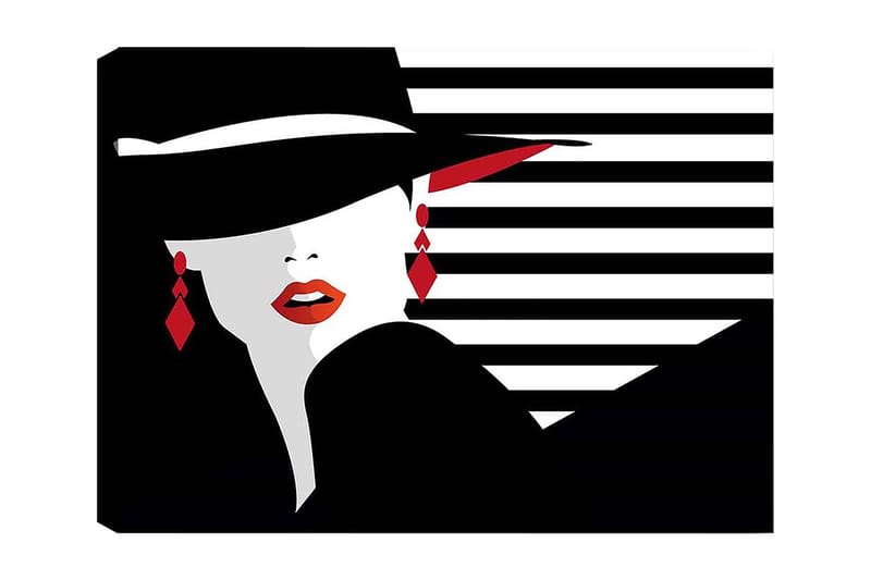 Lærred 70x100 cm - Stiliseret kvinde med hat og røde detaljer, der fremhæver hendes ansigt og smykker, Sort / Hvid / Rød